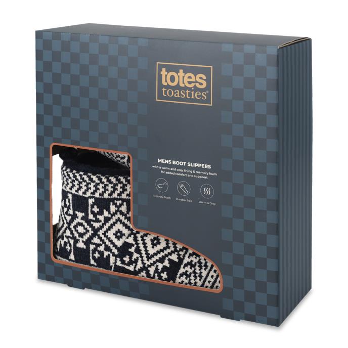 totes toasties® Mens Fairisle Boot Slipper Navy Fairisle Extra Image 1